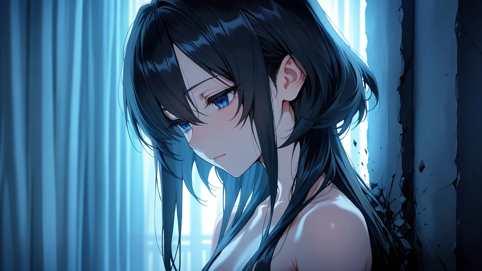 Create an intense, evocative portrait in the Japanese retro anime style of the 80s and 90s. The scene features a male bathed in deep blue light, leaning against a wall with her arms raised, eyes closed in a moment of raw emotion. Her attire is minimal, accentuating the curves of her body and the dramatic shadows cast by the lighting. The background is stark, with sharp contrasts highlighting the contours of her form. The blue and black palette intensifies the mood, evoking a sense of mystery and allure. Subtle film grain and meticulous shading add depth and texture, emphasizing the emotional gravity of the scene. The lighting creates a chiaroscuro effect, accentuating her expressive pose and the intense atmosphere.