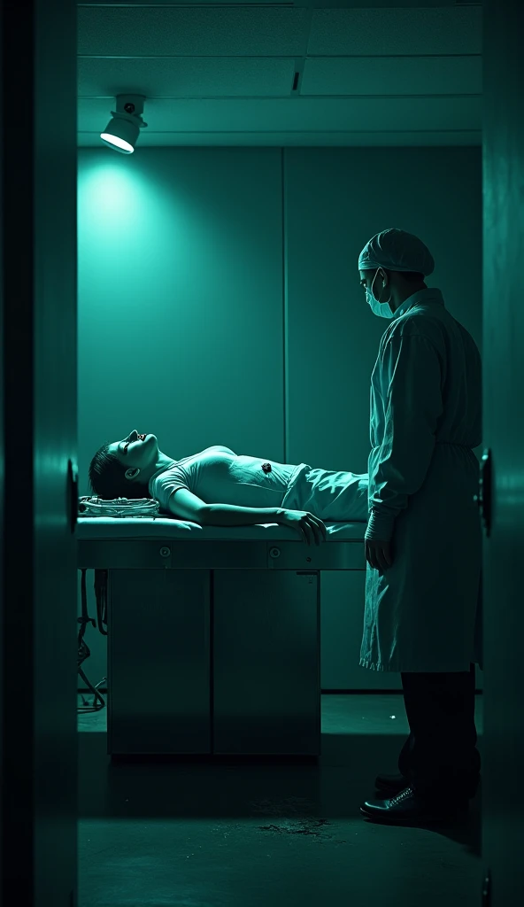 student lies in bed in operating room wearing latex leggings