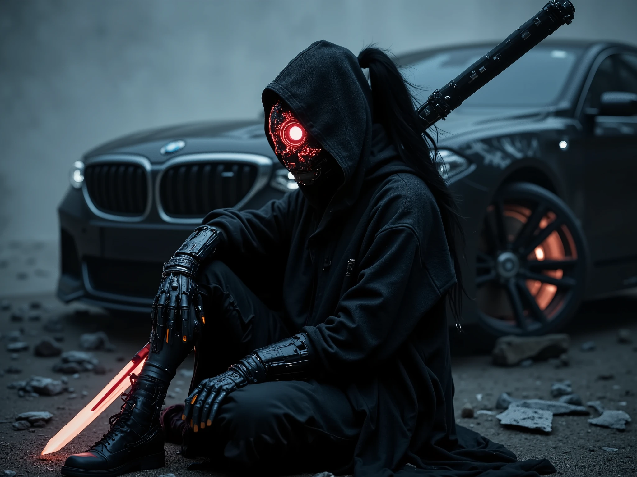 sinister mechanical creature women with a faceless reaper mask, black large hair in ponytail, hold large mechanical neon sword, sits on the ground near the futuristic black BMW, close-up, in a torn robe, exoskeleton body armor, neon spine, mechanical arms, primordial evil, in a pose. Warframe darkness. dystopia. black fractals of smoke and ash. neon peals of thunder and lightning, dark fantasy. horror surrealism. expressionism, digital ink art illustration. dark background.