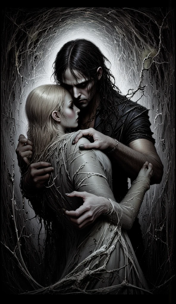 A European girl, long wavy black hair, holding a man with curly brown hair close, biting into his neck with vampire teeth