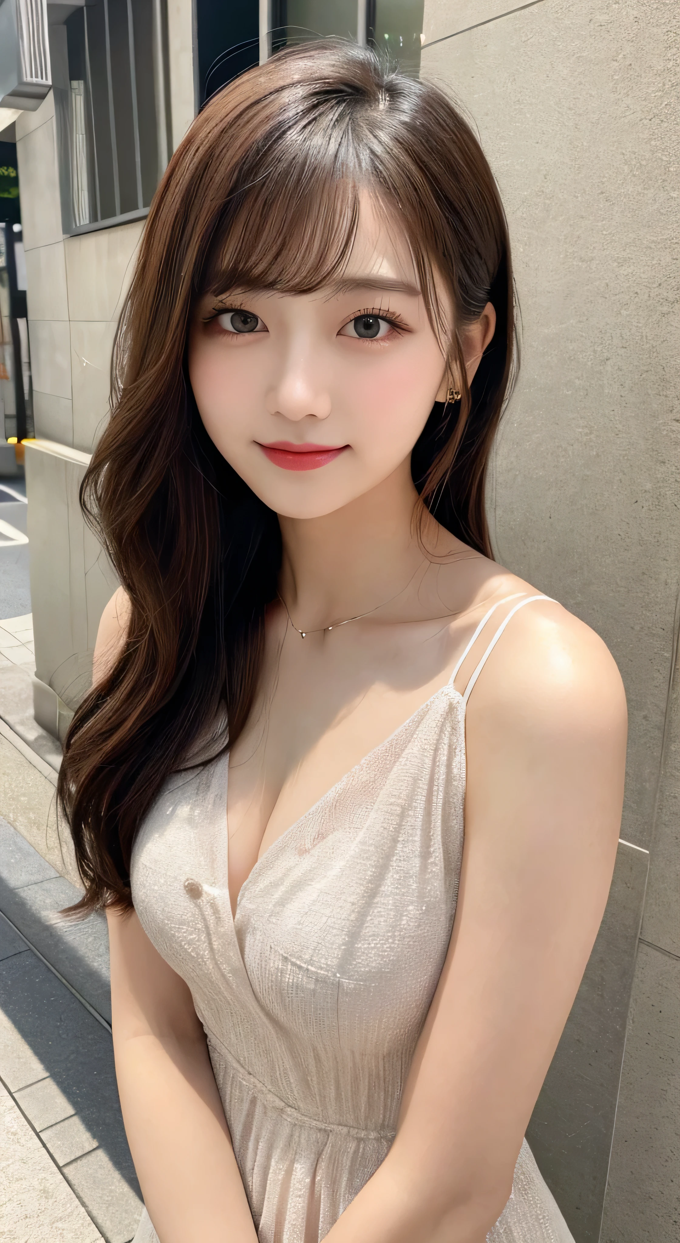 masutepiece, Best Quality, Illustration, Ultra-detailed, finely detail, hight resolution, 8K Wallpaper, Perfect dynamic composition, Beautiful detailed eyes, Women's Fashion Summer,Medium Hair,Small breasts natural color lip, Bold sexy poses,Smile,Harajuku、20 years girl、Cute、Sexy shot looking at camera
