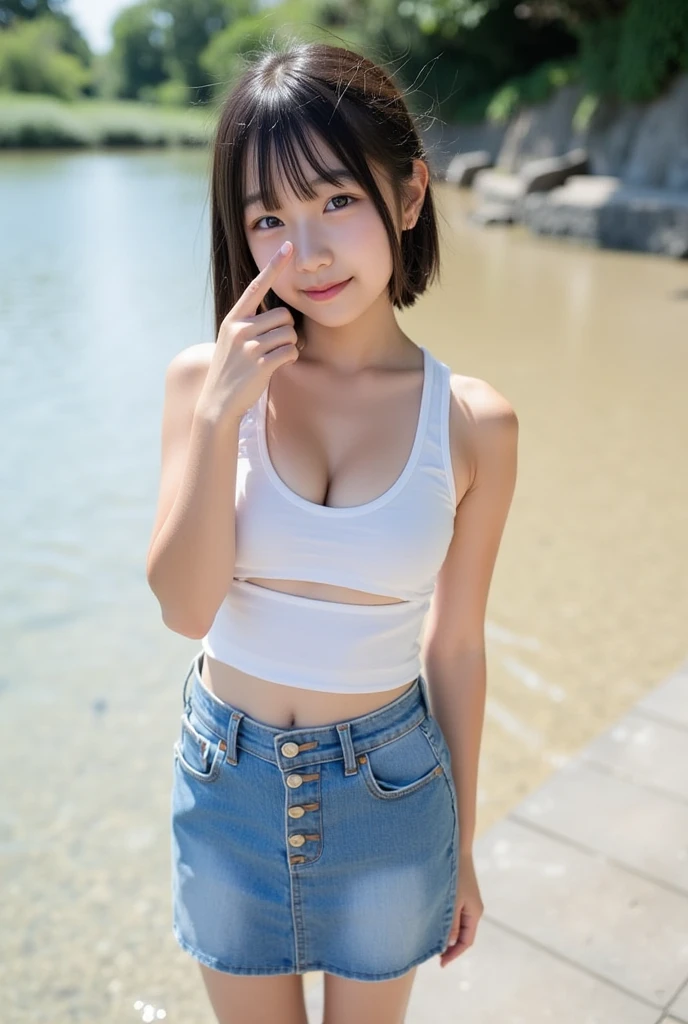 highest quality, masterpiece, High definition, 16K quality, beautiful , Japanese women,Black Hair, Translucent white skin, camisole, Very short shorts, Beautiful slim legs, A cute face like an idol, G cup size, A little bit of cleavage is visible, She is smiling and looking at the camera, Shoot from directly in front, not from above, A dreamy look, Are standing, Full body image, Ocean,