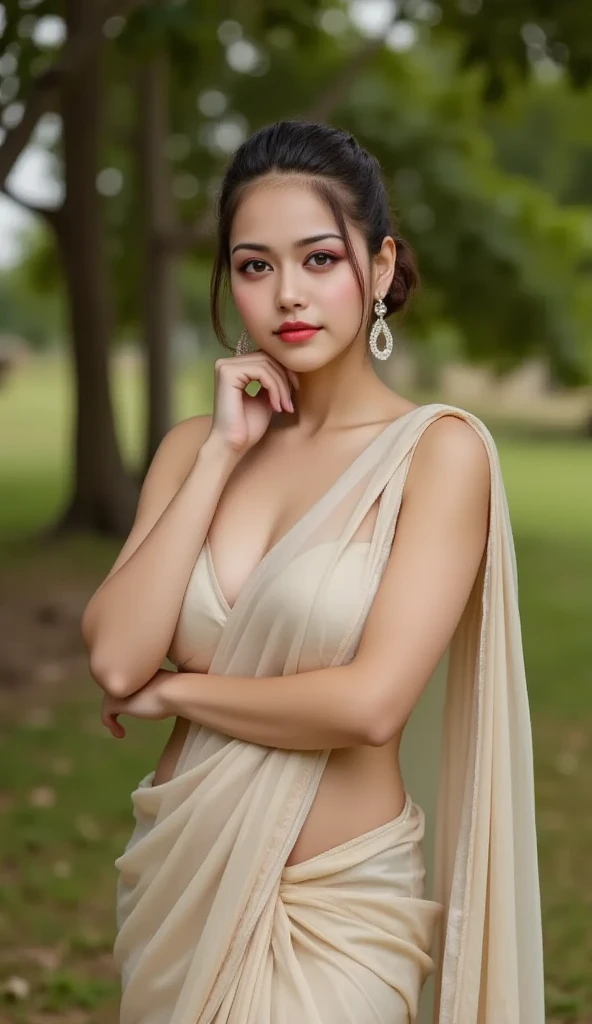 ((best quality)), ((masterpiece)), (detailed), perfect face, Indian women, Saree trong suốt, single silver, ngực to, adorn, make up, hở ngực, lộ eo, exposed flank, photo 3/4 bodies