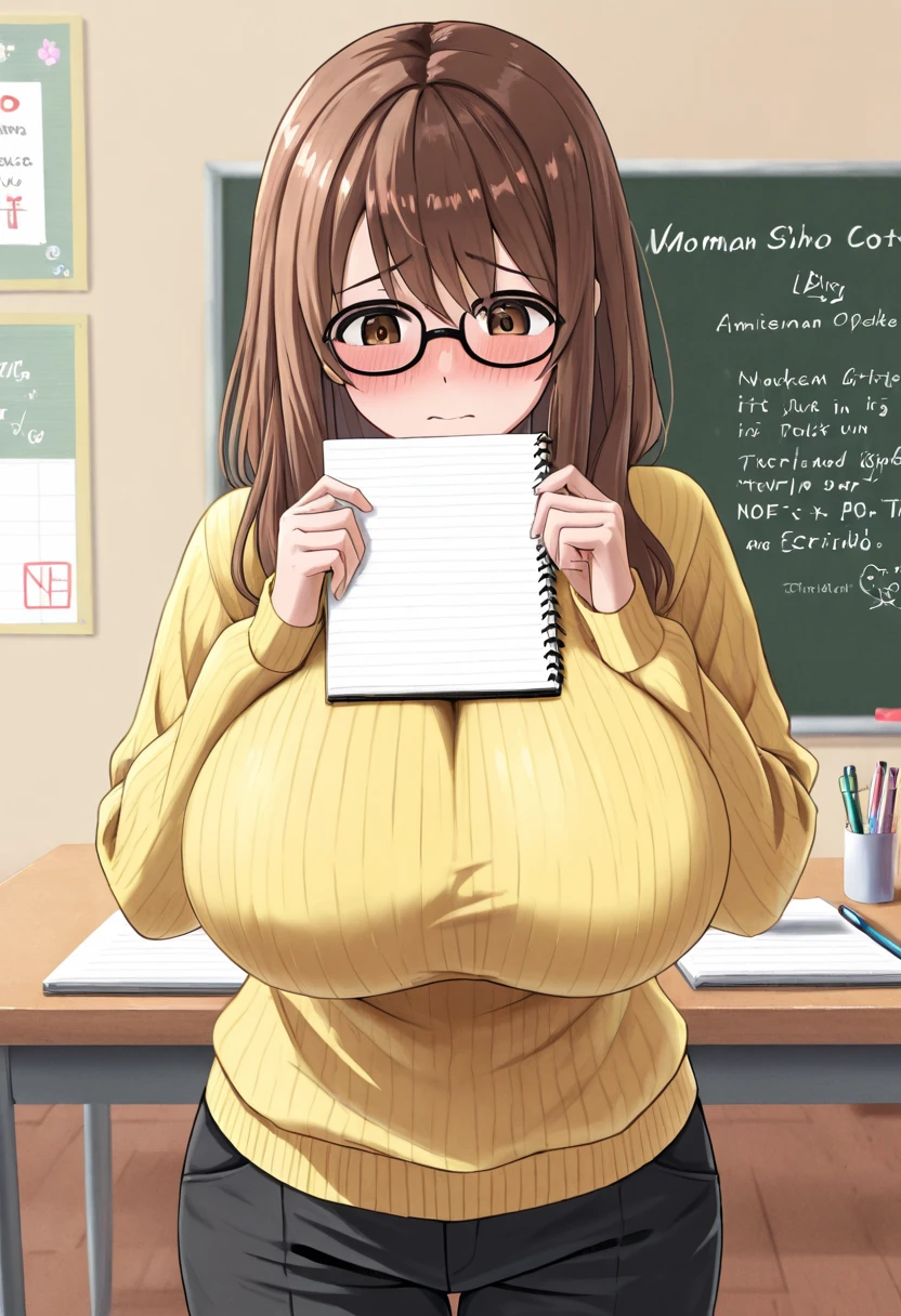 safe_pos, score_9, Miura Takehiro style-pxl, Nyuko Atomi, milf, pink eyes, orange hair, long hair, swept bangs, 1girl, gigantic breasts, wide hips, thick thighs, white sweater, long sleeves, turtleneck, long skirt, red skirt, solo, classroom, squatting, breast hold, lifted sweater, underboobs, half opened eyes, blush, flustered, open mouth, ?????, sweaty, looking at viewer, 
