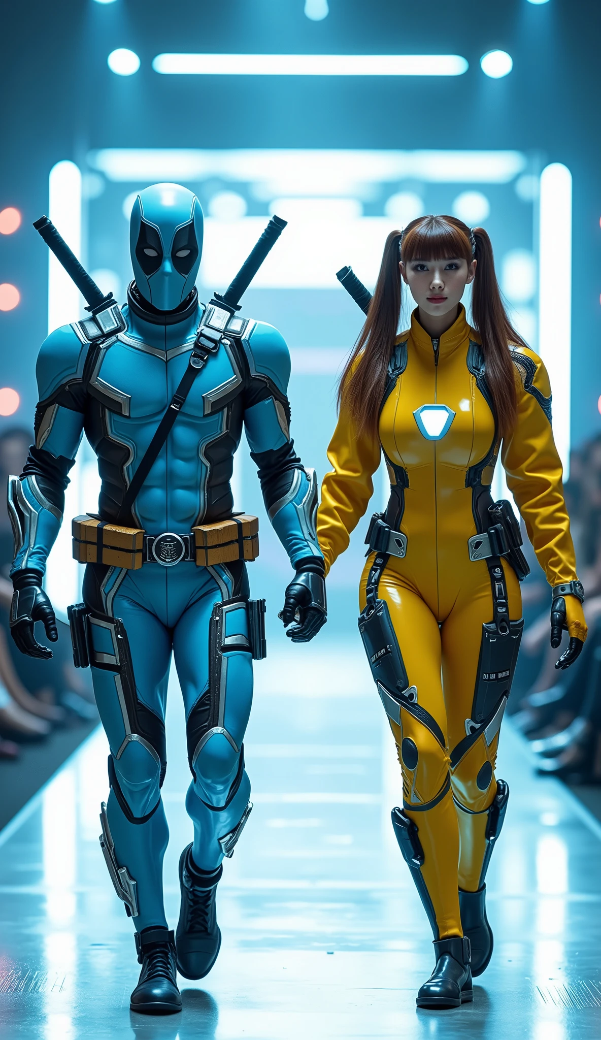 character: 1 man with mask full head wearing futuristic light blue Deadpool body suit with silver armor futuristic blue accents ,  and 1 woman brown hair Long with two ponytail Bangs Wearing futuristic yellow ironman body suit with yellow armor futuristic blue accents. Their facial skin is pale. Two swords on their backs.

action: Walk straigh. They look at the camera. They held hands.

Expression : smiling.

 Background : On the runway stage with dynamic lighting from all sides. They radiate happiness as they walk confidently in their  costumes. full body view.
