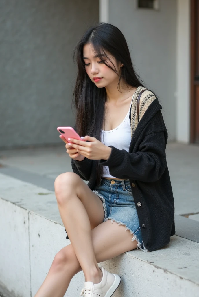 there is a woman sitting on a bench with a cell phone, low quality photo, low quality photo, 🤬 🤮 💕 🎀, post-proces), very very low quality picture, Casual pose, Gorgeous young Korean woman, Guviz, taken with canon 8 0 d, xintong chen, casual photography, photo taken with canon 5d, Chinese girl, candid picture,Barefoot girl,Barefoot,Naked foot,