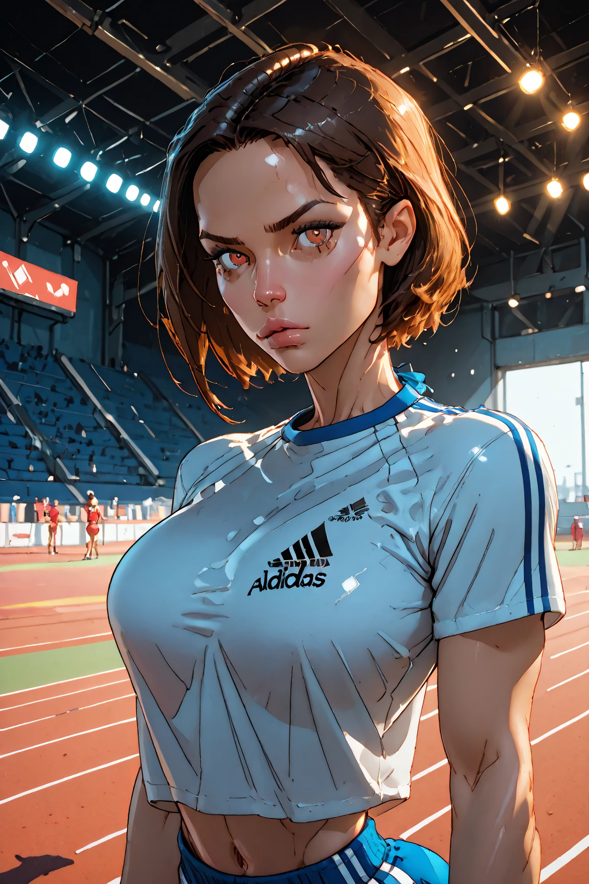 (medium full shot) of (muscular fitness woman) young woman, persian, tan skin, light brown eyes, Average build, short dark dutch braid hair, wearing a black long sleeve workout shirt, black leggings, orange athletic shoes, sports watch, set in outdoor track, university track with college athletes running, a track coach giving instructions, training equipment scattered around , at night, woman surprised, open mouth, pointing her finger at the viewer, ,Masterpiece,best quality, photorealistic, amazing quality, very aesthetic, extremely detailed face,