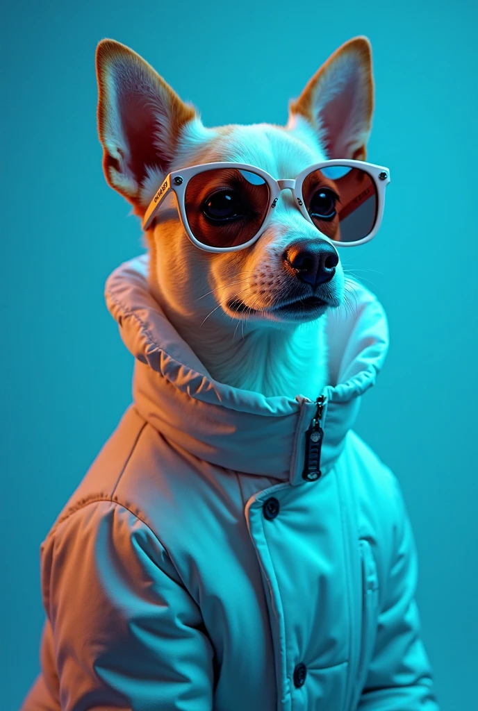 The best cell phone wallpaper, Award-Winning Wallpaper, portrait photography, In the front view is a portrait of a cute dog wearing mid-1960s space age fashion, Side view photo, Shot with Canon EOS R5, Set a strong contrast that accentuates the subject, Fluorescent blue tone, Wearing a very modern coat and sunglasses is a modern 1960s style, Clothes all in one color, beautiful background