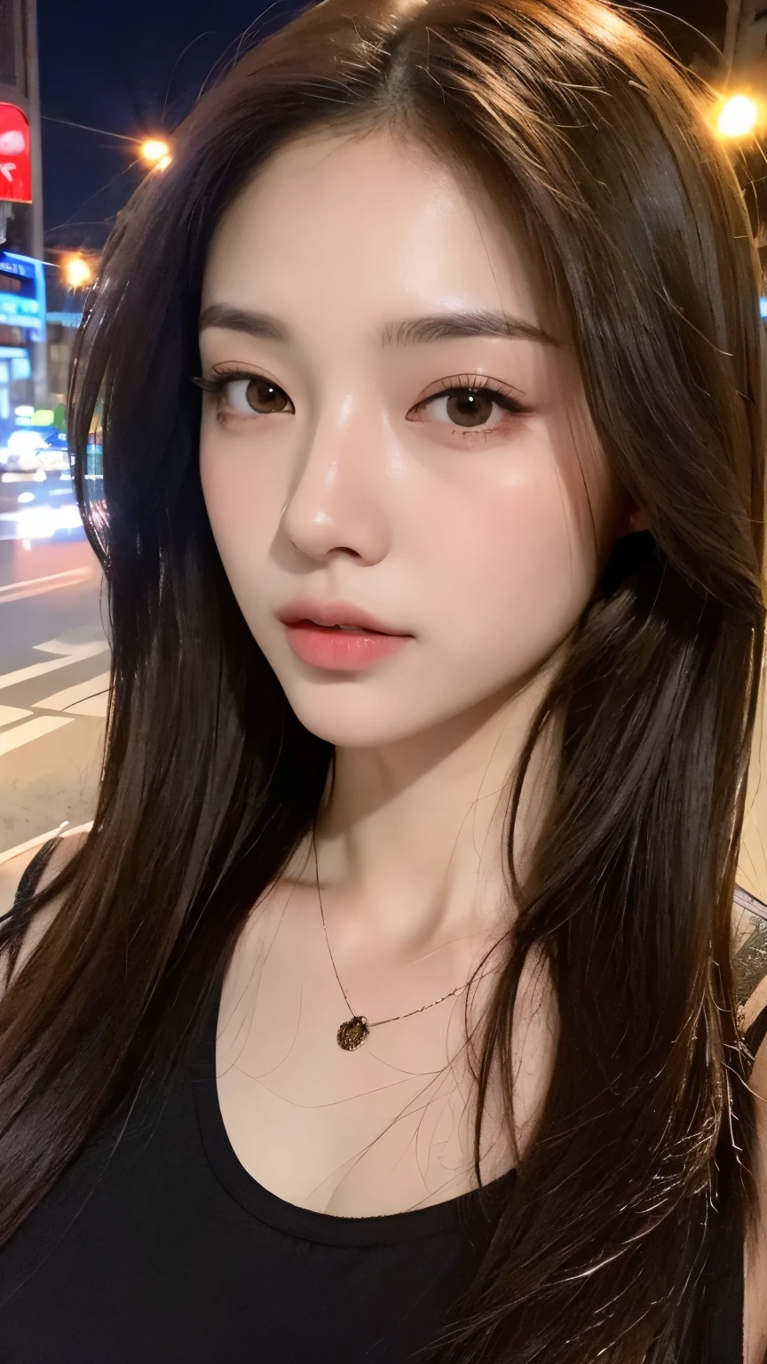((Realistic lighting, Best quality, 8K, Masterpiece: 1.3)), Clear focus: 1.2, 1girl, Perfect beauty: 1.4, Slim abs: 1.1, ((Dark brown hair)), (White crop top: 1.4), (Outdoor, Night: 1.1), Park view, Super fine face, Fine eyes, Double eyelids,