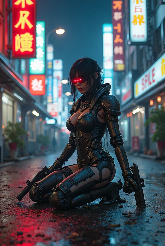 mulher, cabelo ruivo, pose sensual, segurando espada, mostrar corpo, estilo neon cyberpunk, cidade futurista, roupa curta, big boobs on display