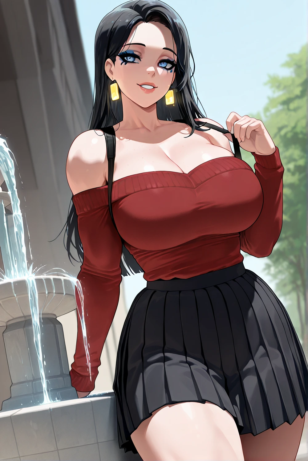 highest quality, solo milf, Huge breasts, Huge Ass, Very curvaceous, waterfall braid brunette, Magenta Eyes, Fuller lips, Fascinating, smile, Tight long sleeve shirt, tweed pants, Wool coat, Hanging earrings, Thick thighs, Curvaceous physique