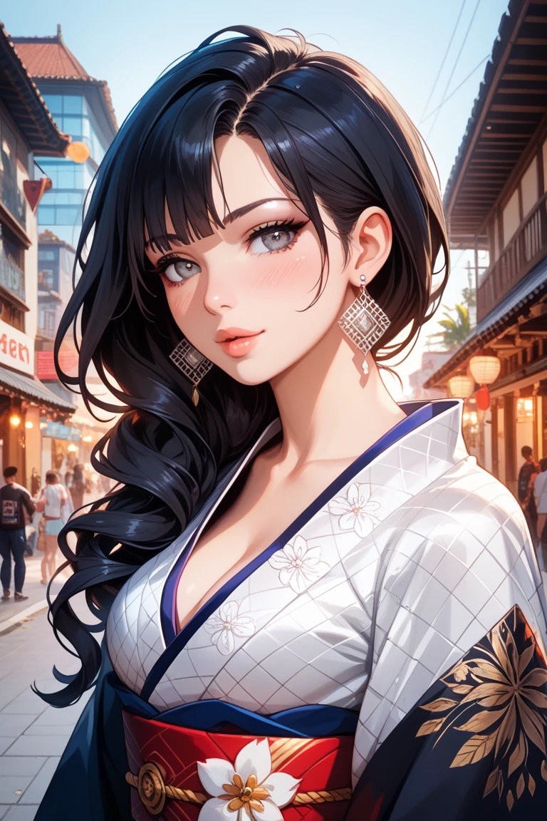 ((Masterpiece)), best quality, absurderes, ultra detailed, holographic, cowboy shot, super cute girl, mature girl, super beautiful asian girl with very beautiful violet glowing eyes, beautiful glowing white multicolored hair, nice and sexy body, slim body, perfect body, wearing super tight anime printed boxers, an anime printed super tight shirt, super aesthetic pink jacket, standing outside, city, sad, seeing a different version of her from other universe