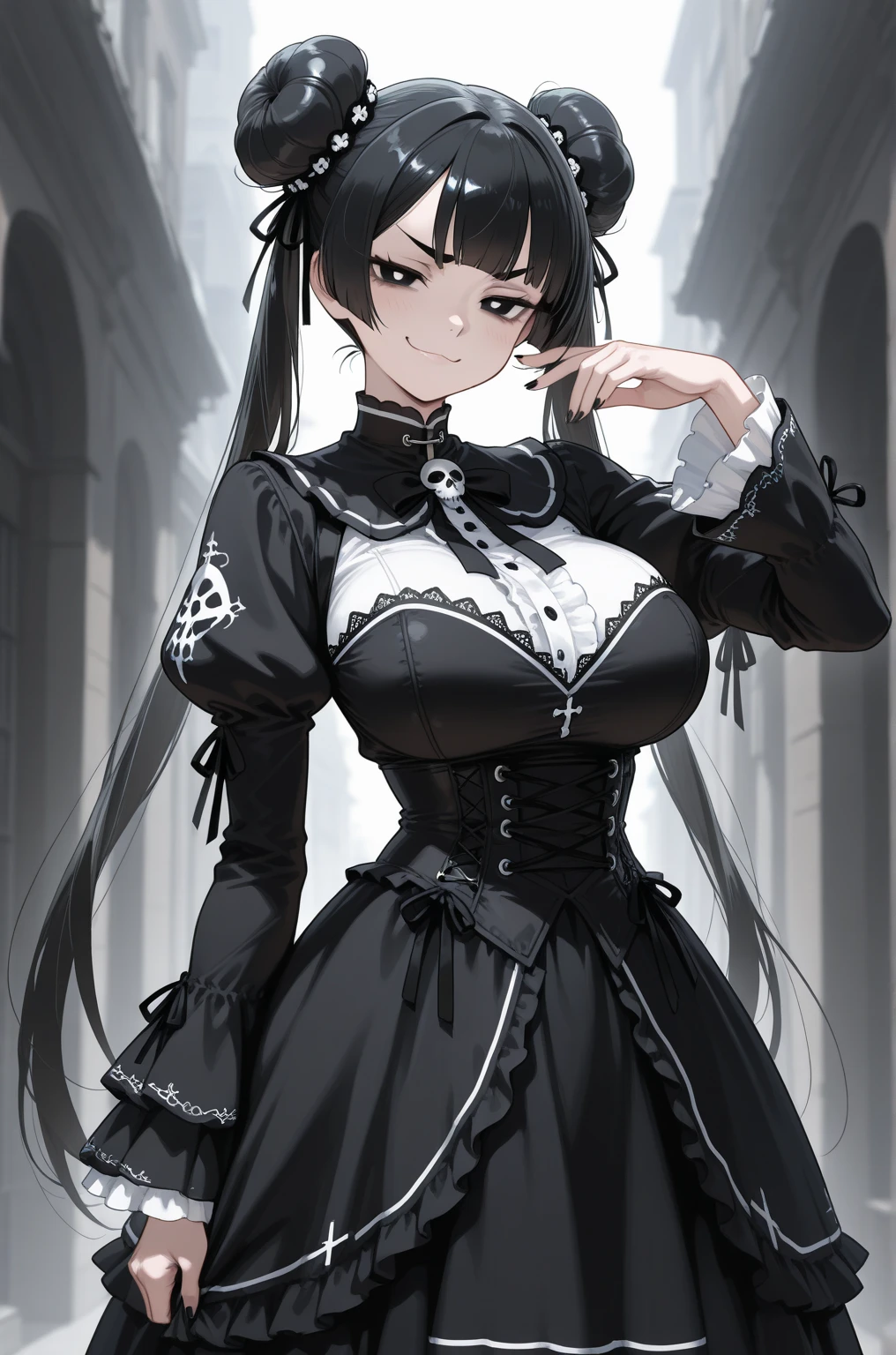 ((best quality)), ((highly detailed)), masterpiece, absurdres, (detailed eyes, deep eyes), <lora:more_details:.5>, (1girl), fisheye lense, cowboy shot, <lora:mario_princessbulletbill:1>, prinbulletbill, black hair, black eyes, sharp teeth, medium breasts, smiling, crown, earrings, (black dress, puffy sleeves, full dress, maxi dress, cleavage, (white gloves), elbow gloves|.2::ripped jeans}, (inside, in a stairway)
