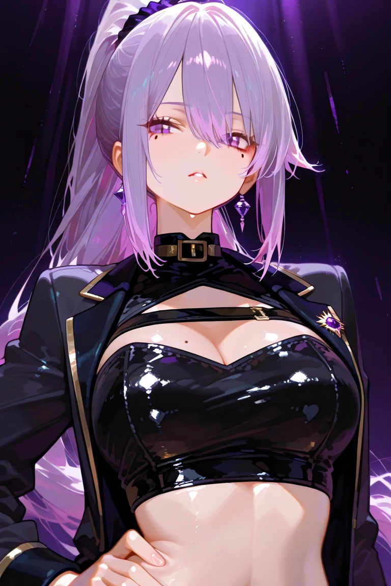 (1girl, solo,white hair, sharp face,purple eyes, hair between eyes,dynamic angle,big boobs), blood splatter, swirling black light around the character, depth of field,black light particles,(broken glass),magic circle,