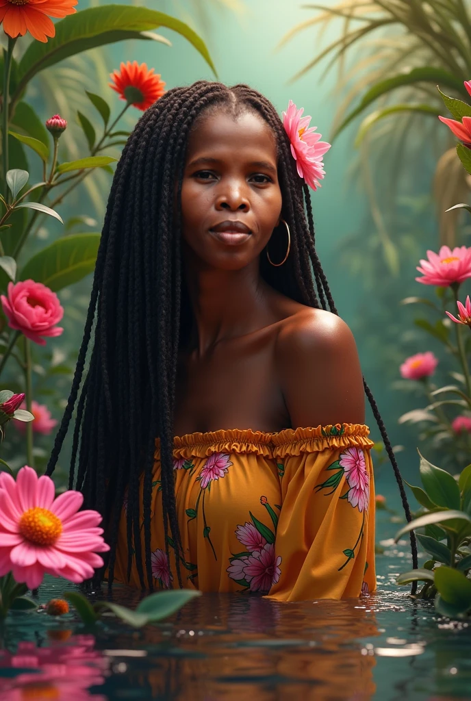 Black woman posing for a photo with a leaf called espada-de-ogum historic center in the background