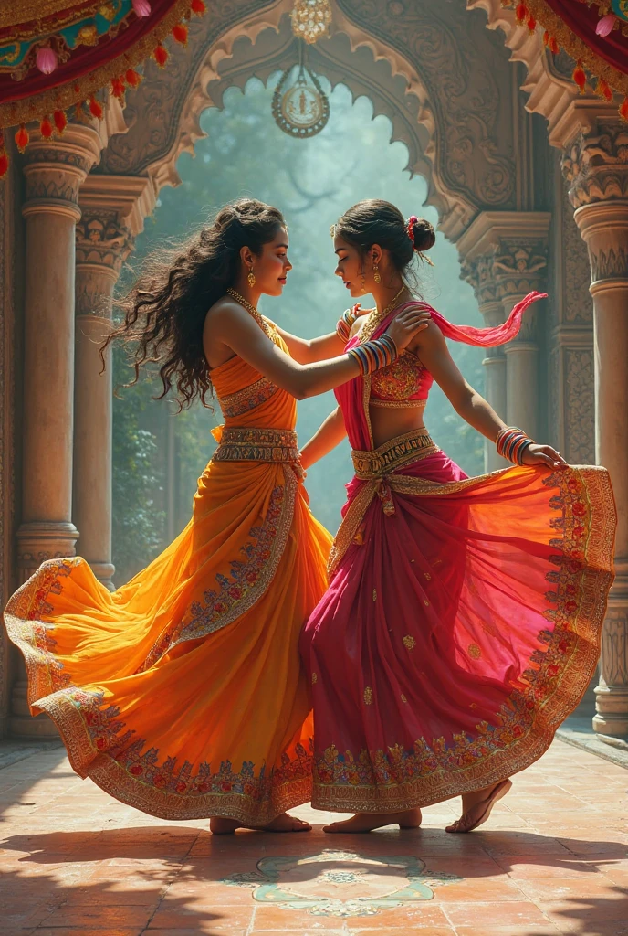 A Beautiful indian woman wearing pink saree in katha kali dancing style