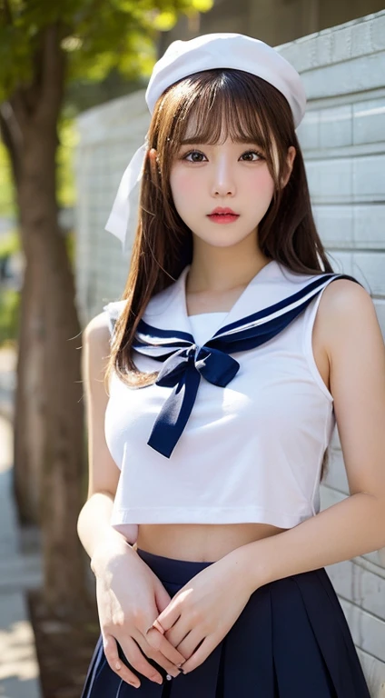 Japanese women、model、Sailor suit、School、School、From below、Panty shot、Big Breasts、Black Hair、、Cute Woman、ponytail、With bangs、Big Breasts、valley、Waistline、Double eyelids、Big round eyes、Cute eyes、Droopy eyes、Cute Woman、Long eyelashes、20-year-old、Photorealistic、Tears、