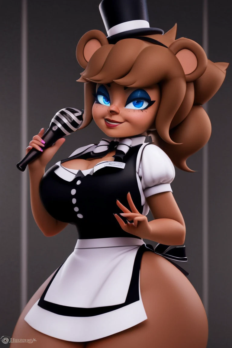 (best quality, masterpiece1.2), 1girl, solo, human, cally3d, (fredina), brown body, brown hair, woman, maid, bear ears, holding microphone, ponytail, sexy, detailed, extreme detail, perfect lighting, 4k, blue eyes, winking, one eye closed,