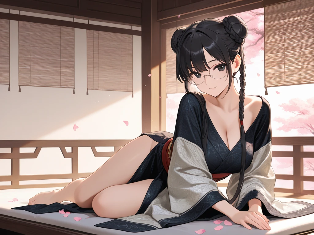 master-piece, hyper quality, hyper detailed, perfect drawing, CG, 3D, 8k,illustration,beautiful face,solo, beauty, glasses, yukata, glowing body, reddish skin, drooling, fluffy chest, moist eyes, seduction, indulgence, aphrodisiac, Japanese-style room, tatami mats, futon, accurate drawing, Detailed drawing