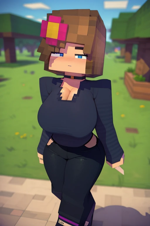 (8k, RAW photos, top quality, masterpiece: 1.2), (High Quality), ray tracing, HDR, (High Details), (Face detail), (Shadow Detail), 1girl, solo, Jenny belle, 3d, 3d render, minecraft woman, crop top, black pants,huge overfilled breast_implant, huge keep_inflating_Extrem_like a blimp, filling her up more plump , large Breast Augmentation Implants breast expander fill up, extremely huge inflated muscles, extremely filling her up more plump and rotund