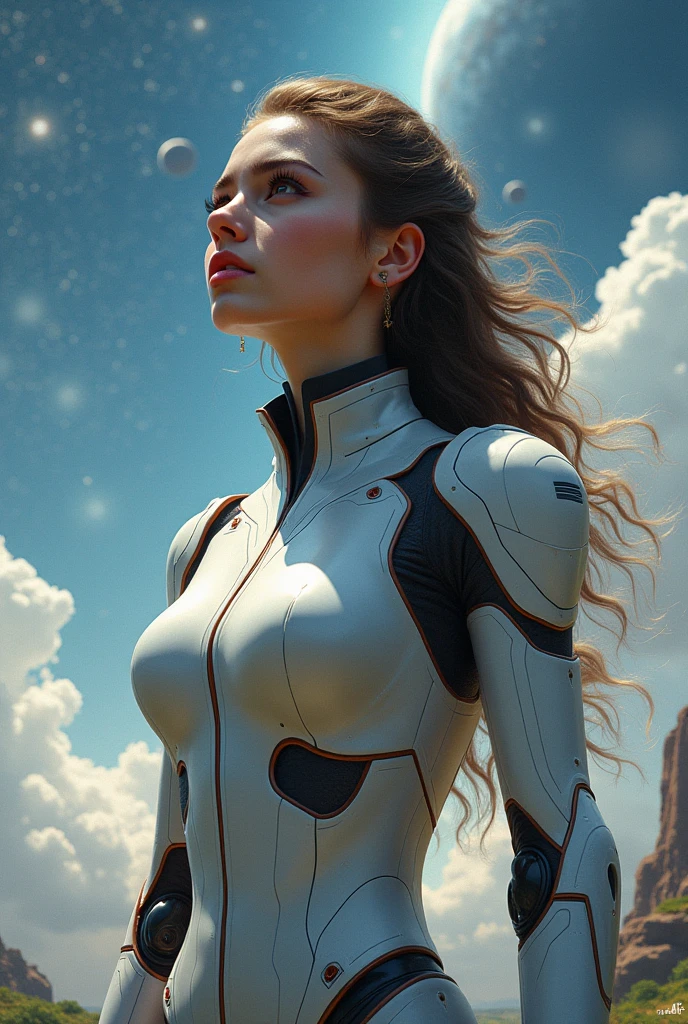 Photo of a humanoid artificial intelligence with natural skin, far away, airflow, and thick hair, sharp looking eyes, thin, upturned nose, Lip fat, hourglass figure, typical clothes and makeup, details Intricate, Energetic, vivid, epic, Soft, film, 4K, contra-luz, and deep depth of field