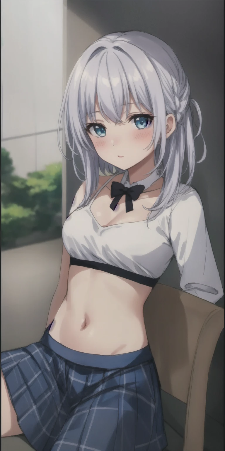 1 girl, shiroko_(blue_file), breast, alone, animal_ears, navel, blue_Eye, mismexistched_student, scarf, animal_ear_fluff, hair_decoration, simple_background, grey_hair, halo, split, skirt, watching_exist_audience, groin, cross_hair_decoration, blue_scarf, Moderate_breast, Bangs, clothing_dra, blush, closure_Mouth, Moderate_hair, only_Shoulder, Stomach, clavicle, skirt_dra, hair_between_Eye, cowboy_shooting, Plaid, blue_background, Black_skirt, pleexisted_skirt, sweexistdrop, Plaid_skirt,