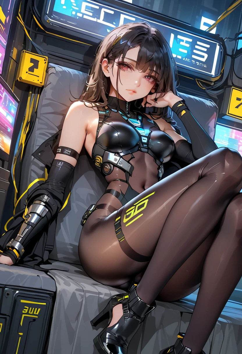 Cyberpunk, cyborg beauty, visible electronic circuits, body partially mechanic, (high resolution, young black-haired beauty), only one, very small micro underwear, protruding, body line is very sexy, crotch wide open, the shape of the is clearly visible, the pubic area is clearly visible, the crotch is wide open, wet and sticks to the skin, ultra-thin underwear, Lying in bed