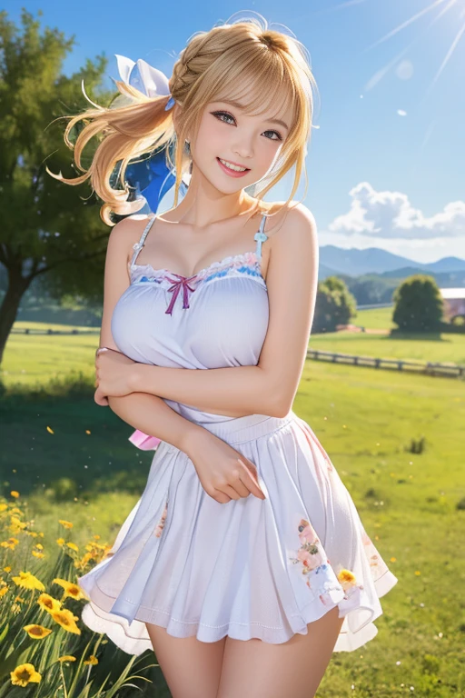 girl,Open your thighs:2,Sea of blue flowers,Blue sky,blue eyes,Leg socks