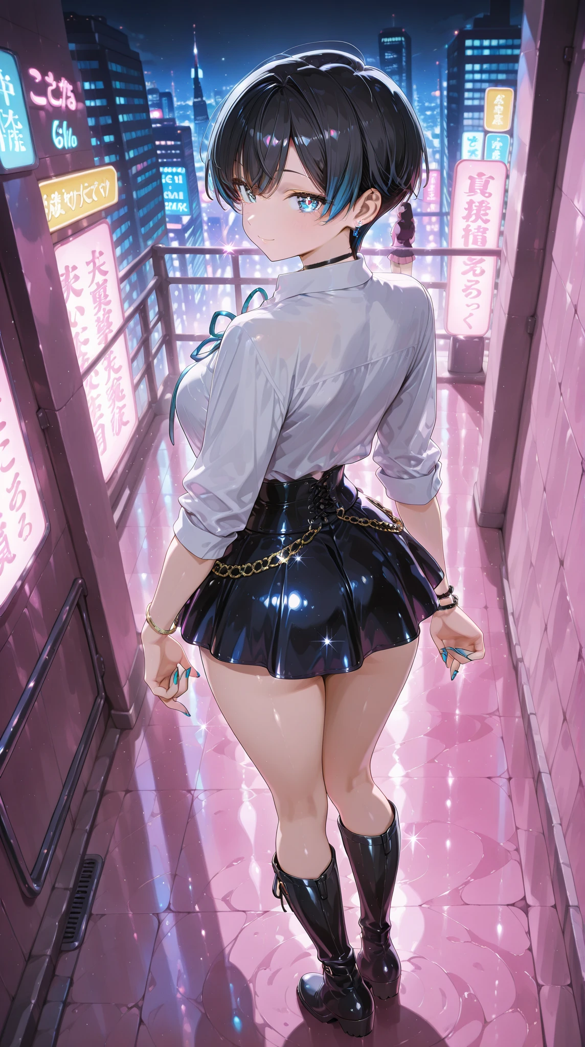 ((tanned adult woman), ((short purple hair, blue colored eyes,)), slender, beautiful smile, (( dressed like a race queen,white top, white mini skirt, showing panties )) , red lipgloss stick, ((standing backwards, looking at the camera, showing the ass )) ((White-panties, tight, highlighting the ass and pussy)), Masterpiece artwork, high qualiy, background lighting ))