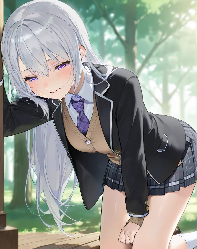 beautiful detailed girl,(masterpiece,best quality,extremely detailed:1.2),((cowboy shot:1.1)),(solo,10 years old,kawaii,slender,small breasts:1.25),(pained look:0.8),((white underwear) in ((Torn  or blazer)):2),(dirty:2),blush,shy,weep,standing,(deep forest:1.5),(hug:0.4),rating: general, newest,Sexy face