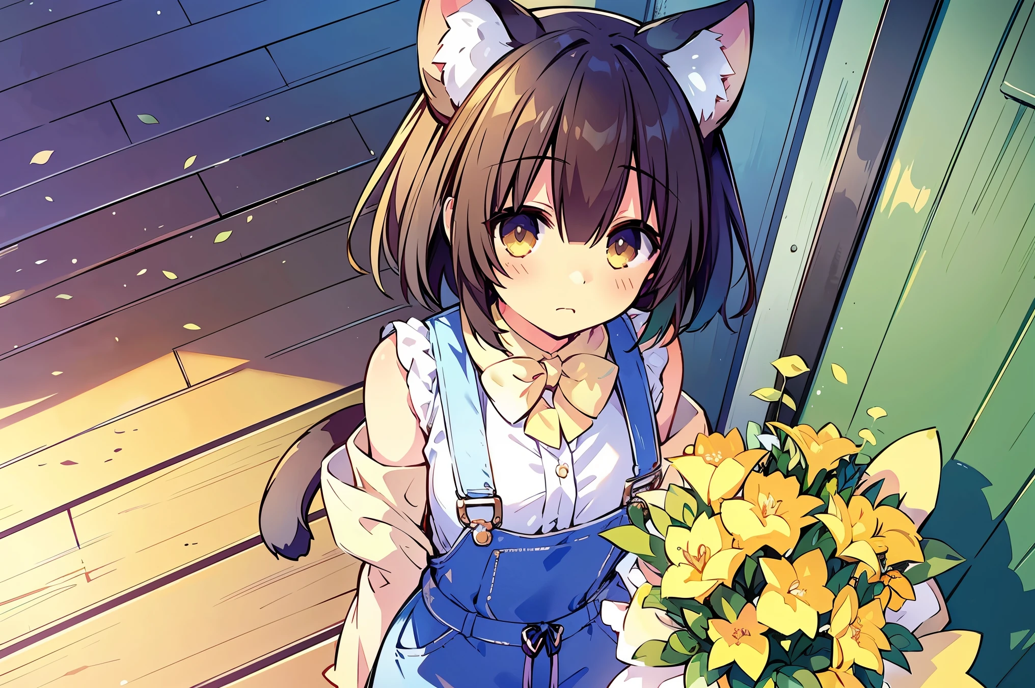 A cat has transformed into a human girl to return a favor. She stands at the front door, offering a bouquet of flowers. The girl has visible cat ears on her head, short brown hair, and wears denim overalls. The bouquet she holds contains various flowers, including green foxtail grass (Setaria, also known as "cat grass"). The scene is viewed from a slightly high angle, as if someone has just opened the door and is looking down at her. A warm, slightly magical atmosphere surrounds the scene. She looks up with a gentle, thankful expression.