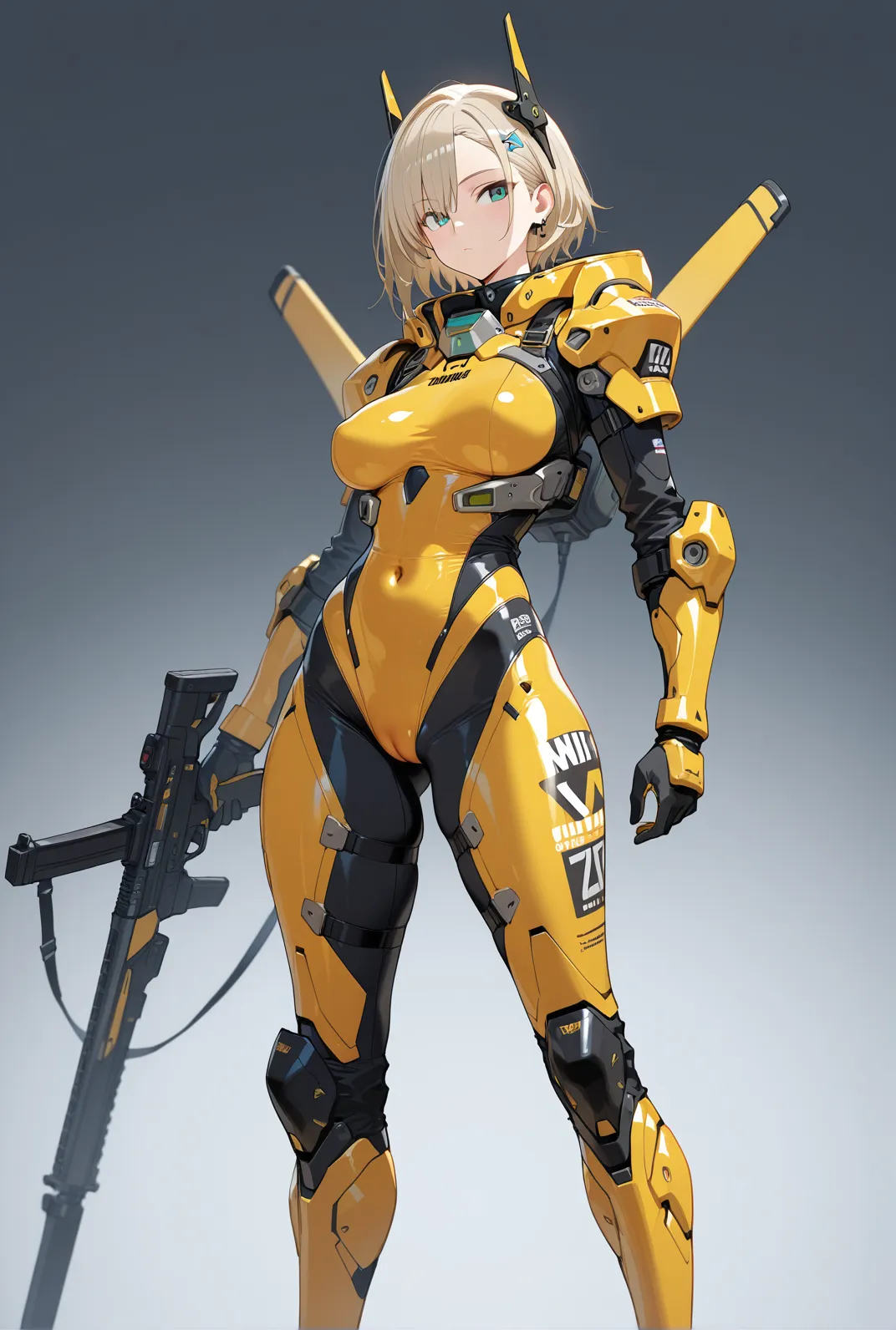 A beautiful young woman (Scarlett Johansson, age 25, Dressed appropriate to the scene) is a mecha pilot wearing an electronic sexy skinsuit, she is posing leaning against the leg of her large mecha (Labor unit, yellow and orange paint scheme, retractable tools), set in downtown future Tokyo