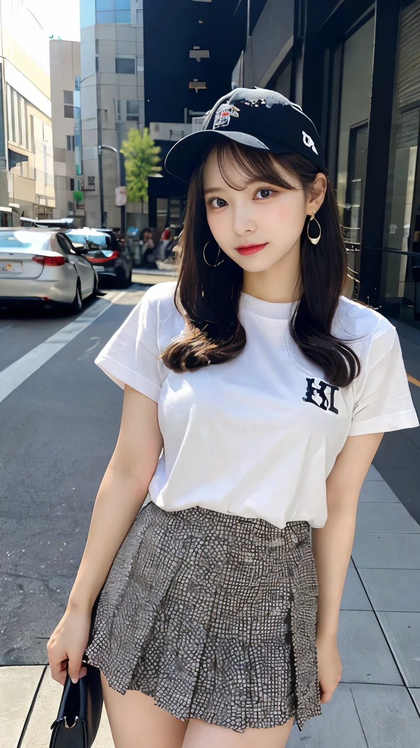 Highest quality,One girl in, skirt, One girl, underwear, , panties, プリーツskirt, Black Hair, Hips, Lifting clothes, The eyes are brown, 青いskirt, pure gaze, 白のshirt, shirt, Long Hair, Short sleeve, , ミニskirt, Lifted it himself, Open your mouth, Shadow, チェック柄skirt, blush