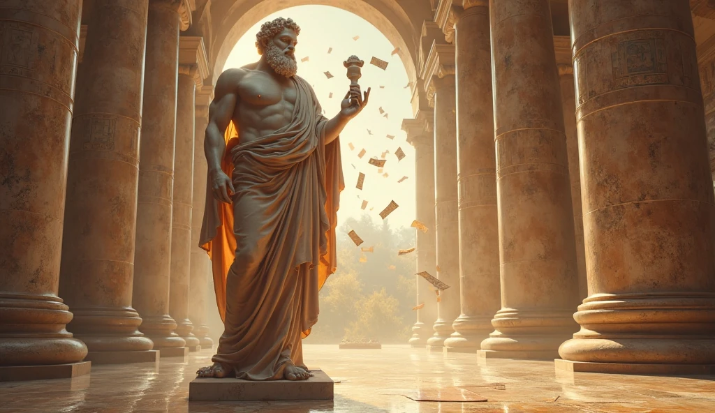 Une statue de dieu grec tient la planète terre dans sa main et verse du sel dessus avec son autre main grace a une salière