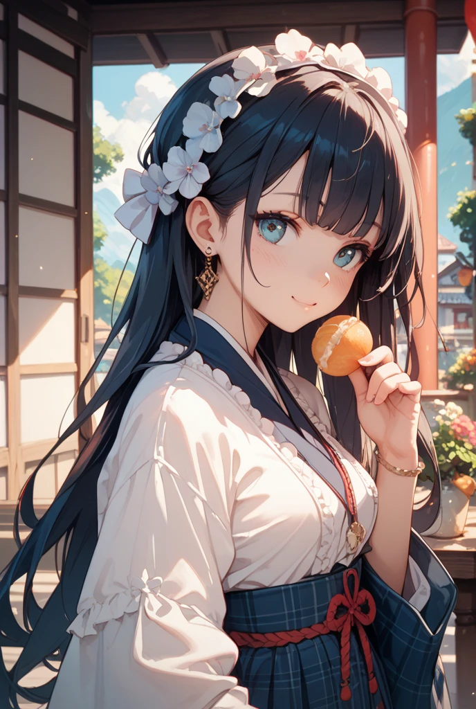 Masterpiece, realistic face, Hinata hyuga, posing, white eyes, big breasts, 4khd, black skirt, beautiful smile half moon eyes, A white blouse, with a background of sakura trees with sun lighting on their back,