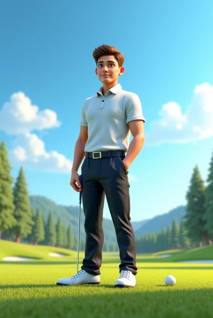 There was a boy with a golf club in his hand, Beautiful 3D rendering, The little boy is playing golf, Portrait of the Baseball Prince Boy, cute 3d anime boy rendering, Beautiful and detailed digital art, Explorer male mini cute boy, stylized 3d rendering, 3d renderizado arte personagem 8k, Beautiful digital painting, estilo anime 3d, Ultra-detailed render, Planetary background