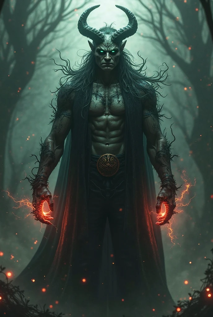 beautiful white man, with black hair, bright yellow look, that stands out in the darkness of the forest, with a muscular and strong body, wearing a black cape, with chewed and square jaws, profile image, he is partially surrounded by total darkness, you can only partially see your body because of the shadows