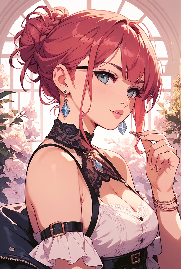 1 girl,cute,frontal face,front face,front view, wallpaper,Upper body,Close-up:3.0, BREAK intelligent, smiling, sitting, looking ahead, front view, ponytail, bangs,shiny hair, pink hair, brown eyes, tsurime, fair skin, shiny skin, tall, glamorous, lanky, leggy, earrings, choker, 20-year-old, beautiful, spot lighting, vibrant colors, striking colors BREAK Luxury sofa sitting, closed mouth, wearing made of black lace gothic dress,long sleeves See through, lips,background solid white,
