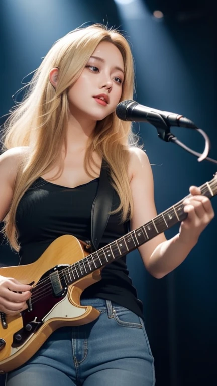 Busty woman singing with guitar in a live house with a calm atmosphere、a blond、very big boobs、big butts、Very short shorts、skimpy clothes