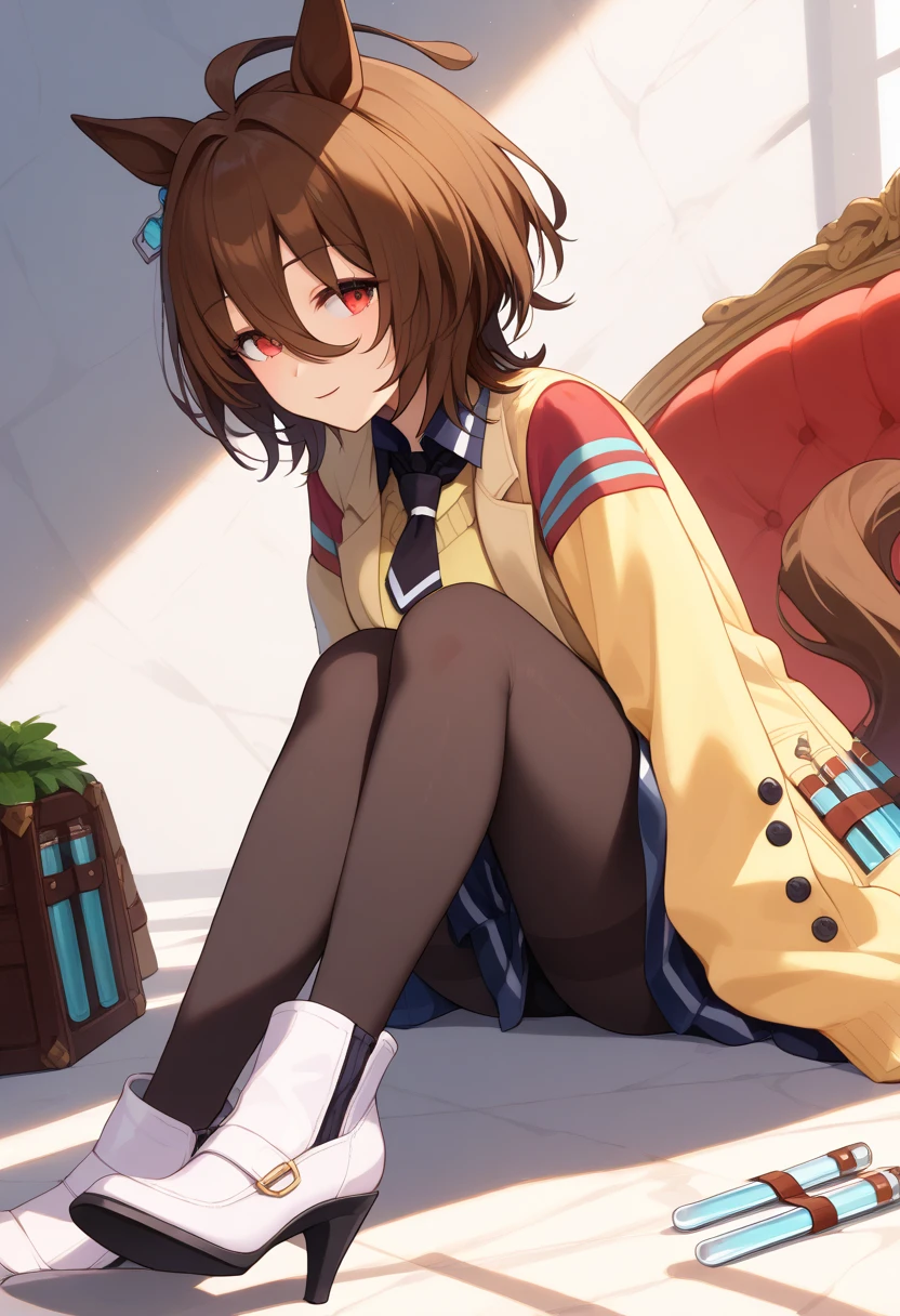Deltarune, Deltarune Kris, yellow skin, Dark maroon hair, shoulder length hair,, dark maroon pants, dark maroon shoes, Lime green shirt with yellow stripe, striped shirt, long sleeve shirt, sitting in a sunny classroom, bored, holding head in hands