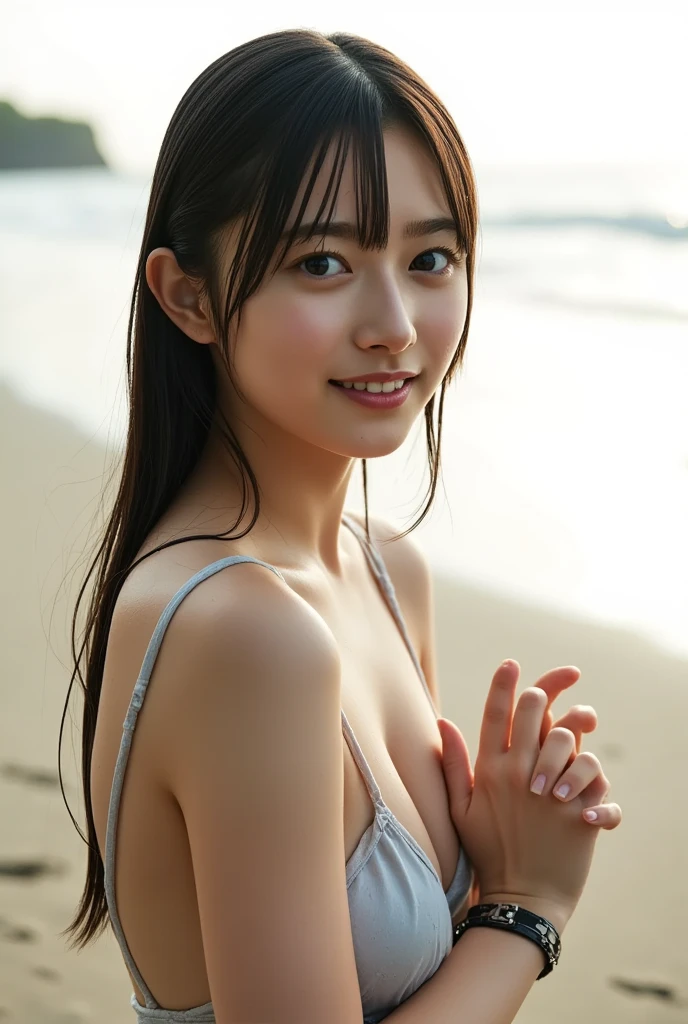 20 year old Japanese female, (Photo studio:1.4), (long hair:1.4), Brown hair with highlights, smile, random pose, (bikini:1.4), (masterpiece, high quality, 最high quality:1.photorealism:1.3), (dynamic shadow, dynamic lighting:1.2), (natural skin texture:1.5), (natural lip, lip details:1.3), (natural shadow, detailed shadow:1.5), (hyper realism, soft light, sharp), (HDR, very detailed:1), (intricate details:0.8), fine eyes, thin hair, fine skin, 8K, (cinematic look:1.4), insane details, intricate details, very detailed, low contrast, soft light like a movie, exposure blend, HDR, faded, Slate gray atmosphere, (All the details),bust becomes smaller、(at the school pool、Wet、thighs、outdoor)
