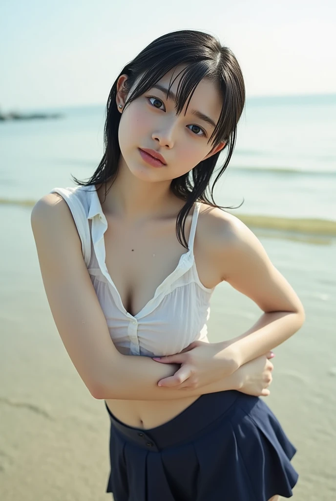 Highest quality, (beautiful)、Tank top、Mini Pleated Skirt、Close-up、Larger breasts、Brown Hair、looking at the camera、Beach、Embarrassed、squat、Shoot from above