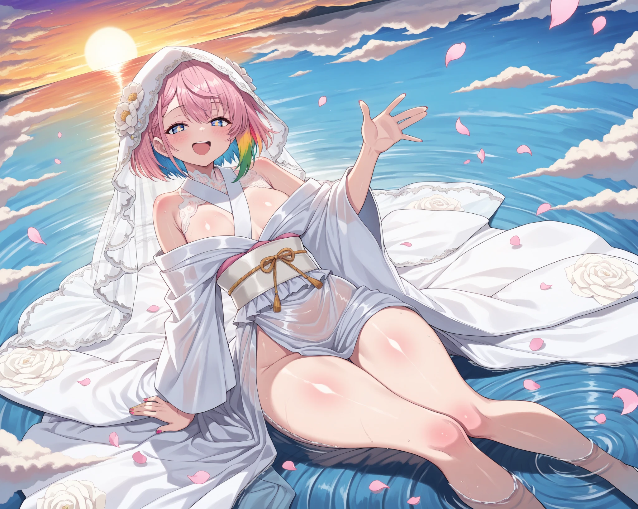 Girl with pink hair, long double-tailed hairstyle ((small pink bushy eyebrows)), lolicon, dressed in a white dress, wet dress marked on the body, wet dress, silhouette of her body seen through the dress, in the beach, lighting at sunset her body through the wet dress, transparent dress, very marked space between thighs, Thigh Gap, marked vagina, marked breasts in a wet dress, giving a blowjob to a male, 1 girl , 1 male, doggystyle sex