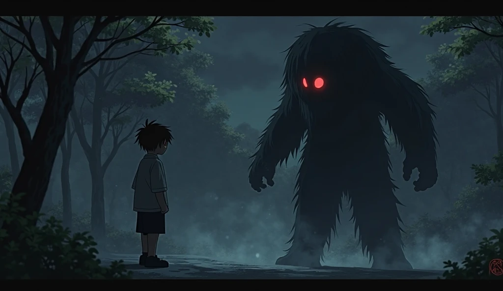 Anime girl with short black hair at the age of 18 wearing boy-like clothes stopped. On the sidewalk in the evening, there is a scary monster in front of her, and she was preparing to fight him, and her friend is , with yellow hair.. Run away from the monster in fear