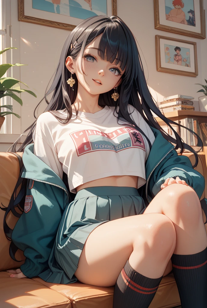 av idol. 29-years-old Japanese woman. very curvasious and medium breast. gold eyes. long black hair to her shoulders and bangs in the front. Red ribbon in her hair. Wearing a floral blue green lightning half t-shirt. exposing her navel. aqua blue short legging and socks. sitting on couch, texting on phone. not looking at camera.