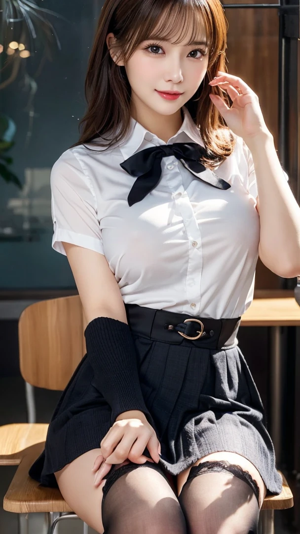 (8k, RAW photo, best quality, masterpiece:1.2), (realistic, photo-realistic:1.37), ultra-detailed,
1 girl,cute, solo,beautiful detailed sky,detailed cafe,night,sitting,dating,(nose blush),(smile:1.1),(closed mouth),large breasts, seductive smile, large aparture, professional lighting, Sony A7R4, Zessie 50mm F1.8,
medium breasts,beautiful detailed eyes,(collared shirt:1.1), bowtie,pleated skirt,(short hair:1.2),floating hair