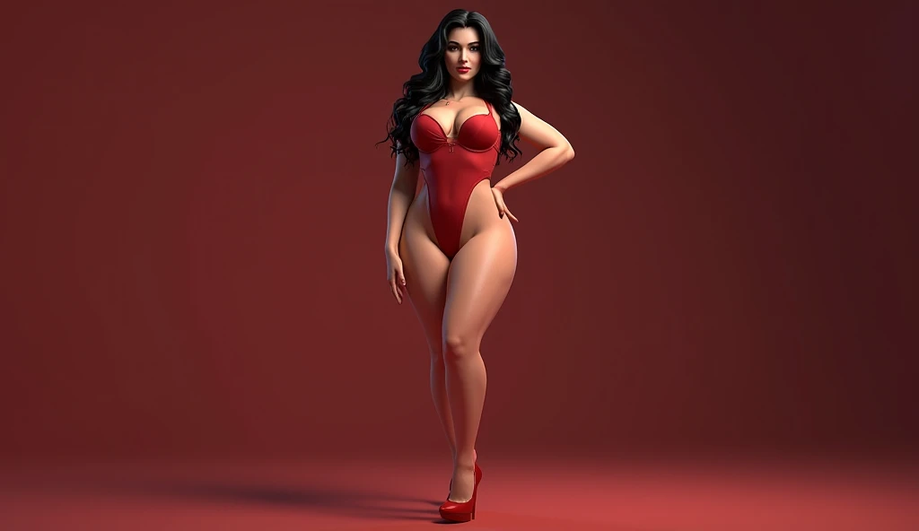 A super realistic thin woman 8K, brunette with reasonably large breasts and a big ass standing from the front and back in a red shirt