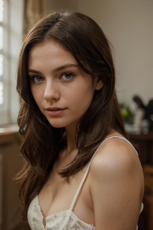 Italian girl with green eyes and long brown hair
