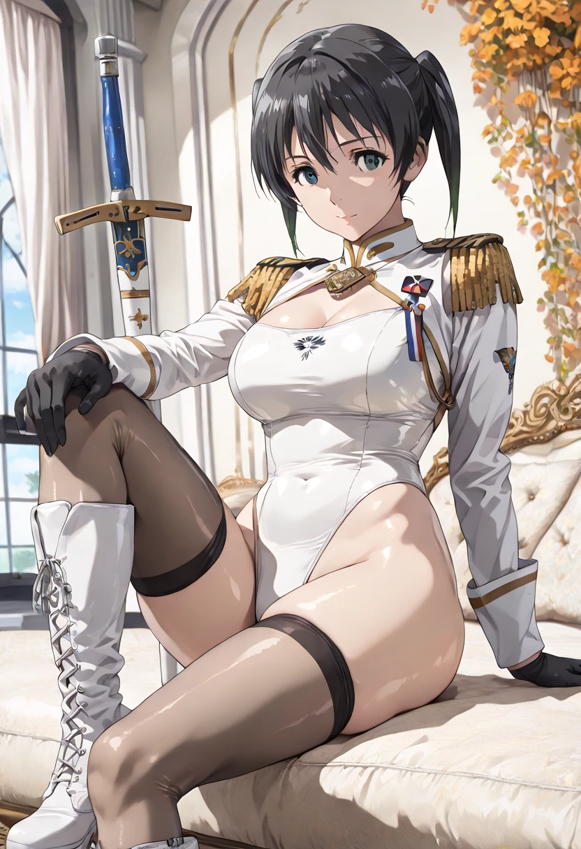 score_9, score_8_up, score_7_up, score_6_up, score_5_up, score_4_up, source_anime, 1girl,masterpiece, best quality:1.3), 1girl, black hair, blue eyes, white military uniform, white uniform, hat, gloves, black thigh high boots, heels, w-w-chain, shackles, raise arms, messy hair, dungeon, best quality, best res, 4K UHD,