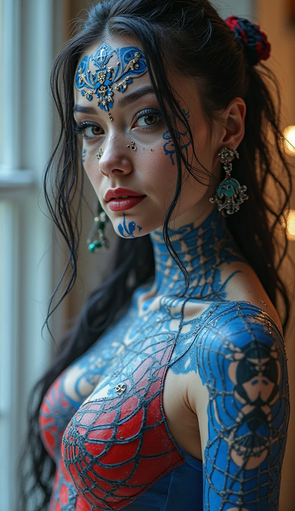 a 22 year old woman, serious expression and striking appearance. My brown hair falls to my shoulders in long waves, framing my face and highlighting my blue eyes. My full lips are slightly parted, as if I'm about to say something. Her button nose is dotted with freckles that contrast with my pale skin. My eyebrows are thick and dark, giving me a bold look. My cheekbones are high and defined and my eyelashes are long and curled. she shows off my curves.
girl looking at the camera. she is not wearing anything, but she has her bra and panties painted on her with paint (((bodypainting, body painting))). she is painted on the body with bright and flashy colors, (((bodypainting))). the background of the photo is very blurry.